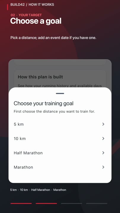 Build42 goal chooser with 5 km, 10 km, Half Marathon and Marathon options