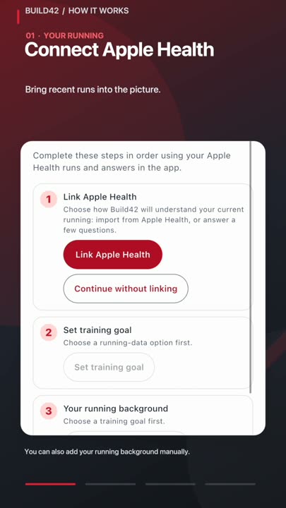 Build42 setup screen offering Apple Health linking or manual entry