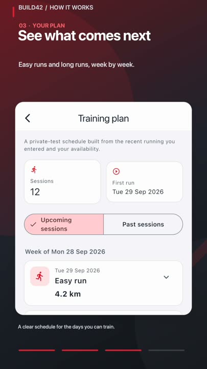 Build42 training plan showing the next easy run and upcoming sessions