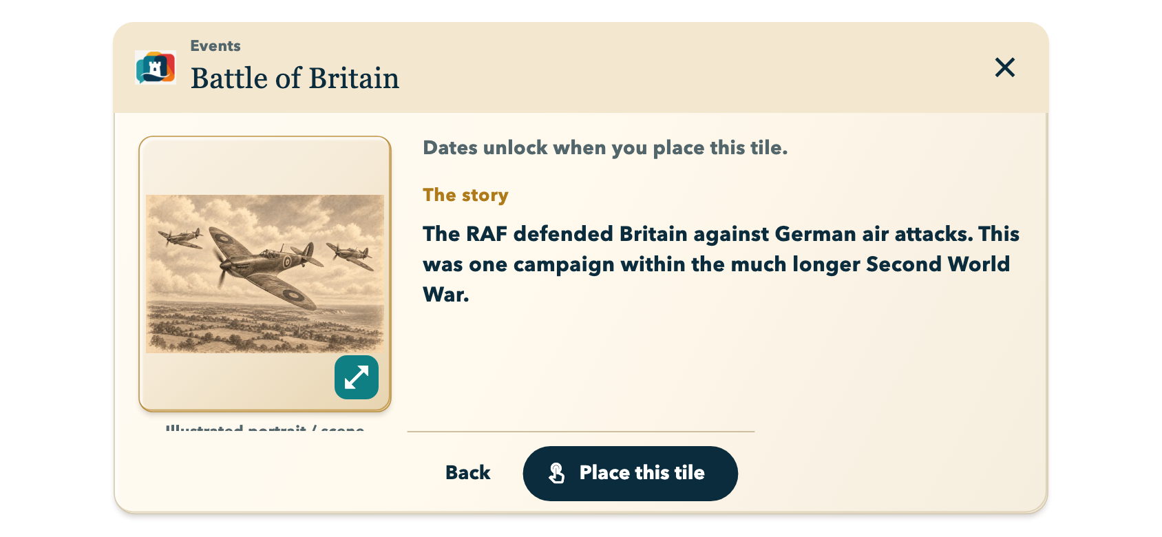 Grown ups Battle of Britain fact card with an aircraft illustration and historical context