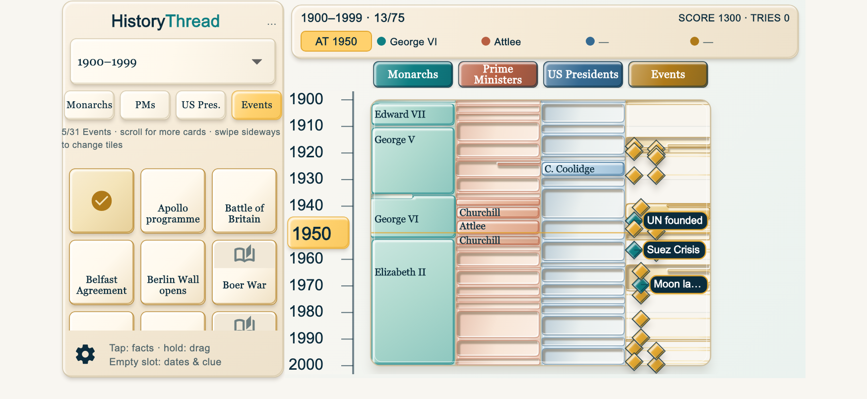 Grown ups grid for 1900 to 1999 with four aligned text columns for people and events