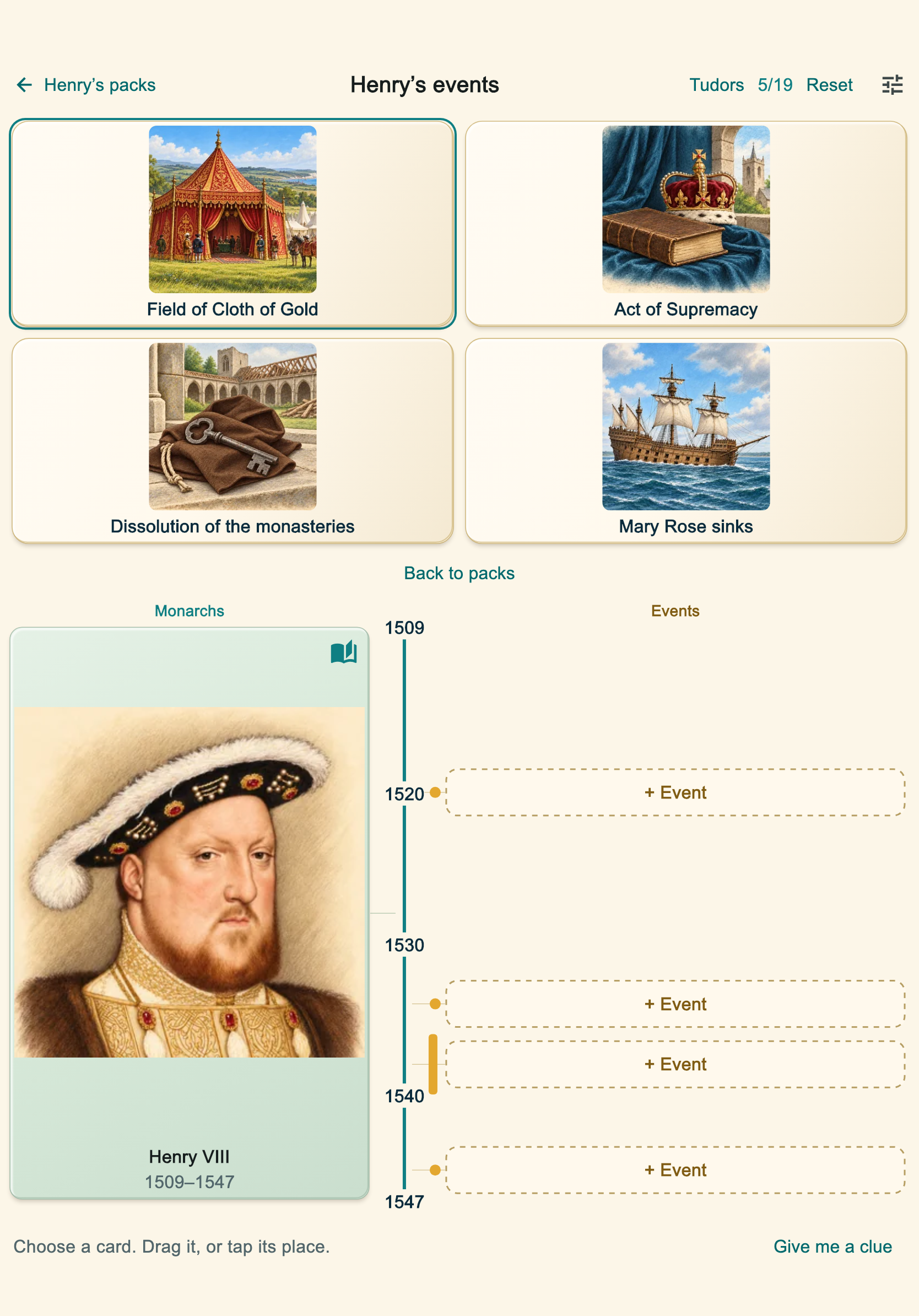 Kids Tudor screen with illustrated event cards including Field of Cloth of Gold and Mary Rose sinks